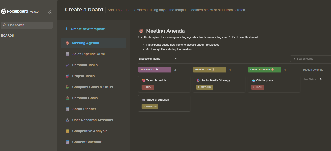 Meeting Agenda board with kanban columns