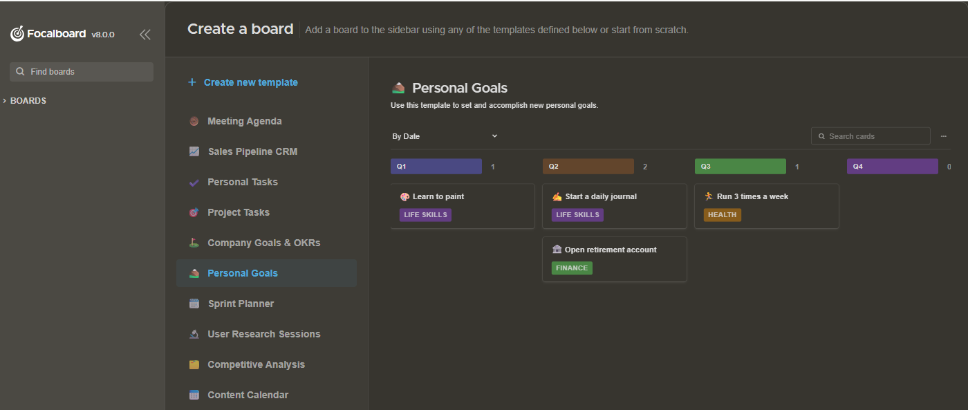 Personal Goals board with task tracking